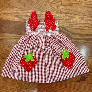 Emily Rose Girls Gingham Strawberry Dress 12M Red Smocked Cottagecore Picnic Bow